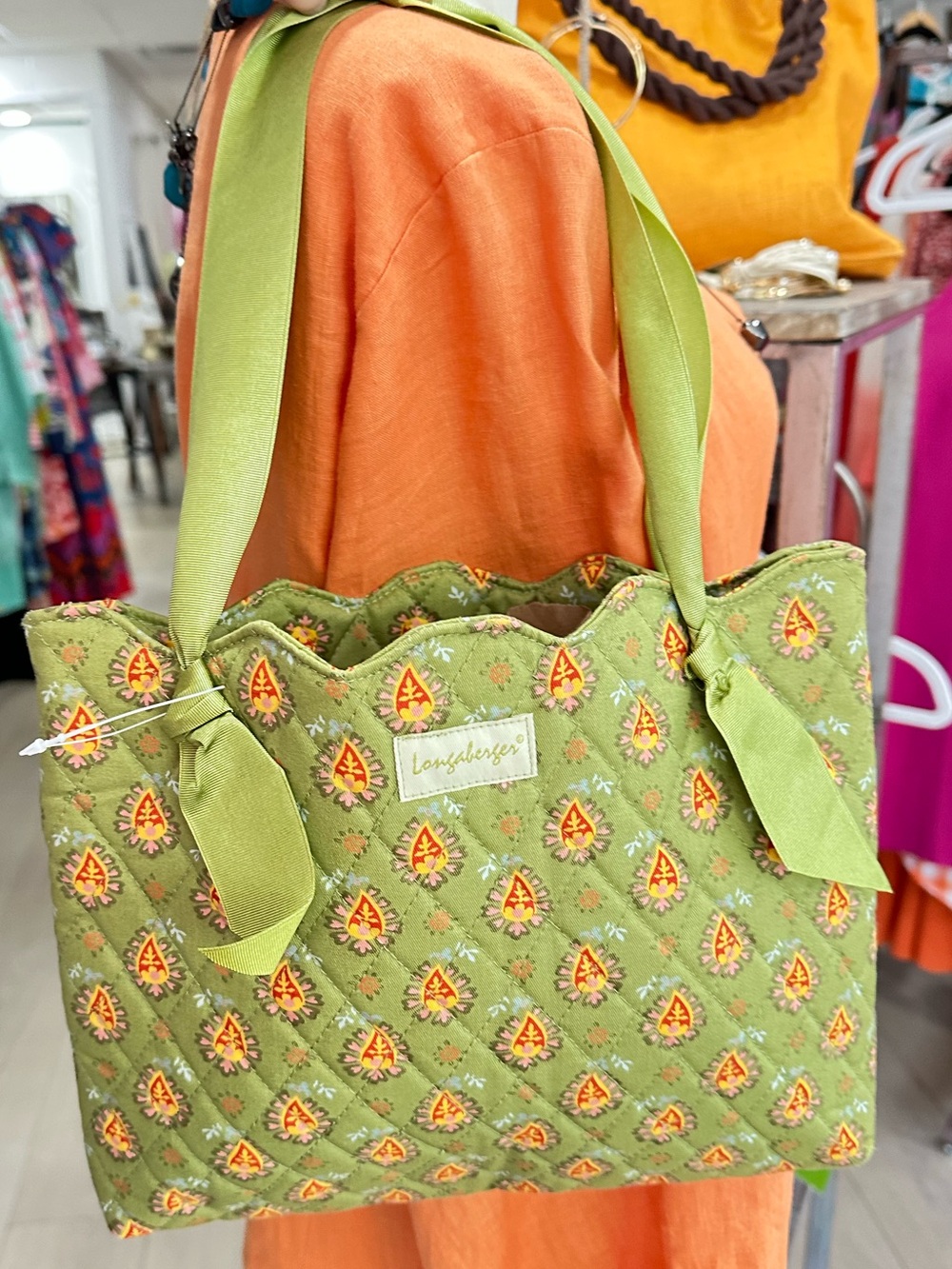 Longaberger Green Quilted Tote with Orange Floral Accents